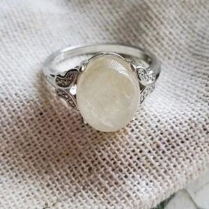 Gold Ritulated Quartz 925 Plated White Bronze Gemstone Ring Crystal Stone Boho